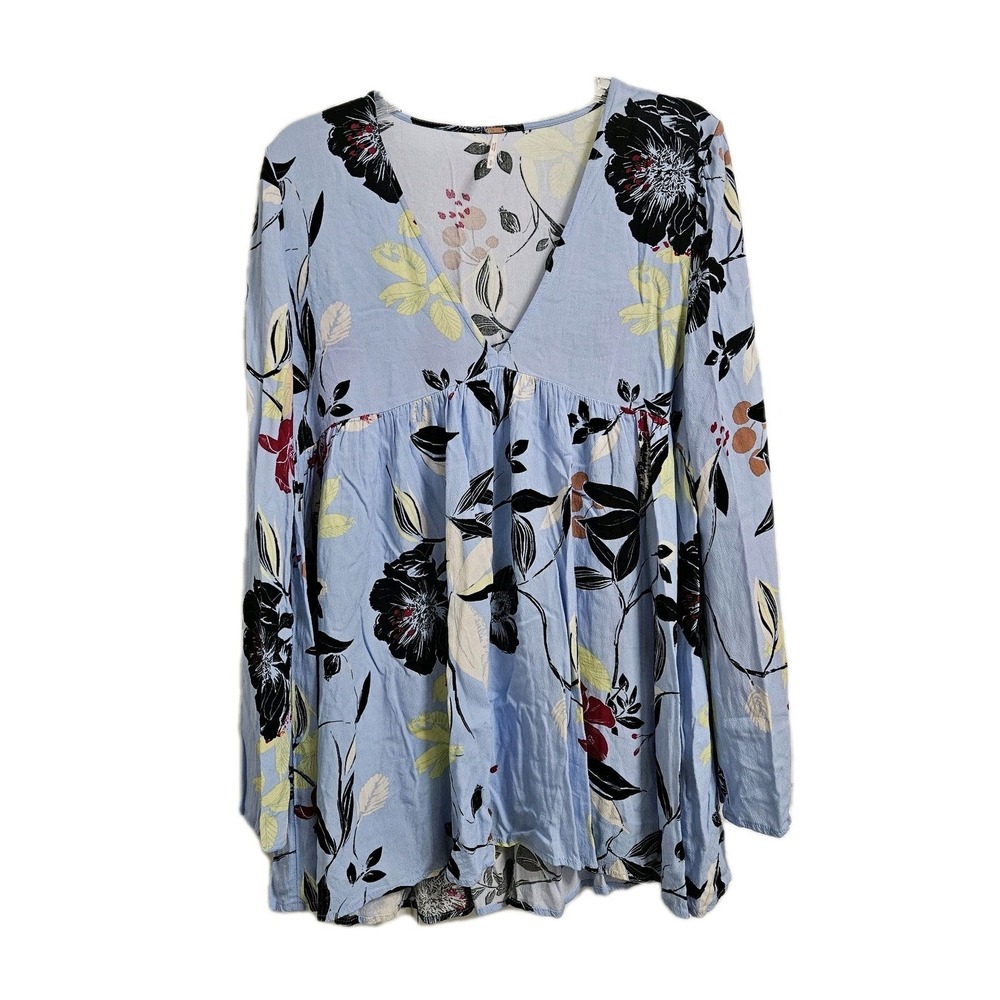 Free People Blue Baby Doll‎ Long Sleeve Floral Blouse Women's Small V-Neck Top